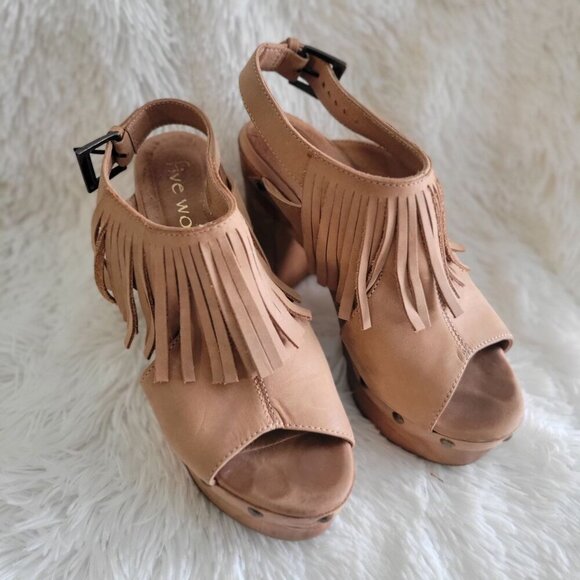 Five Worlds by Cordani Tijuana Tan Fringe Platform Sandals Wooden Heels EU 36.5 - Picture 7 of 10